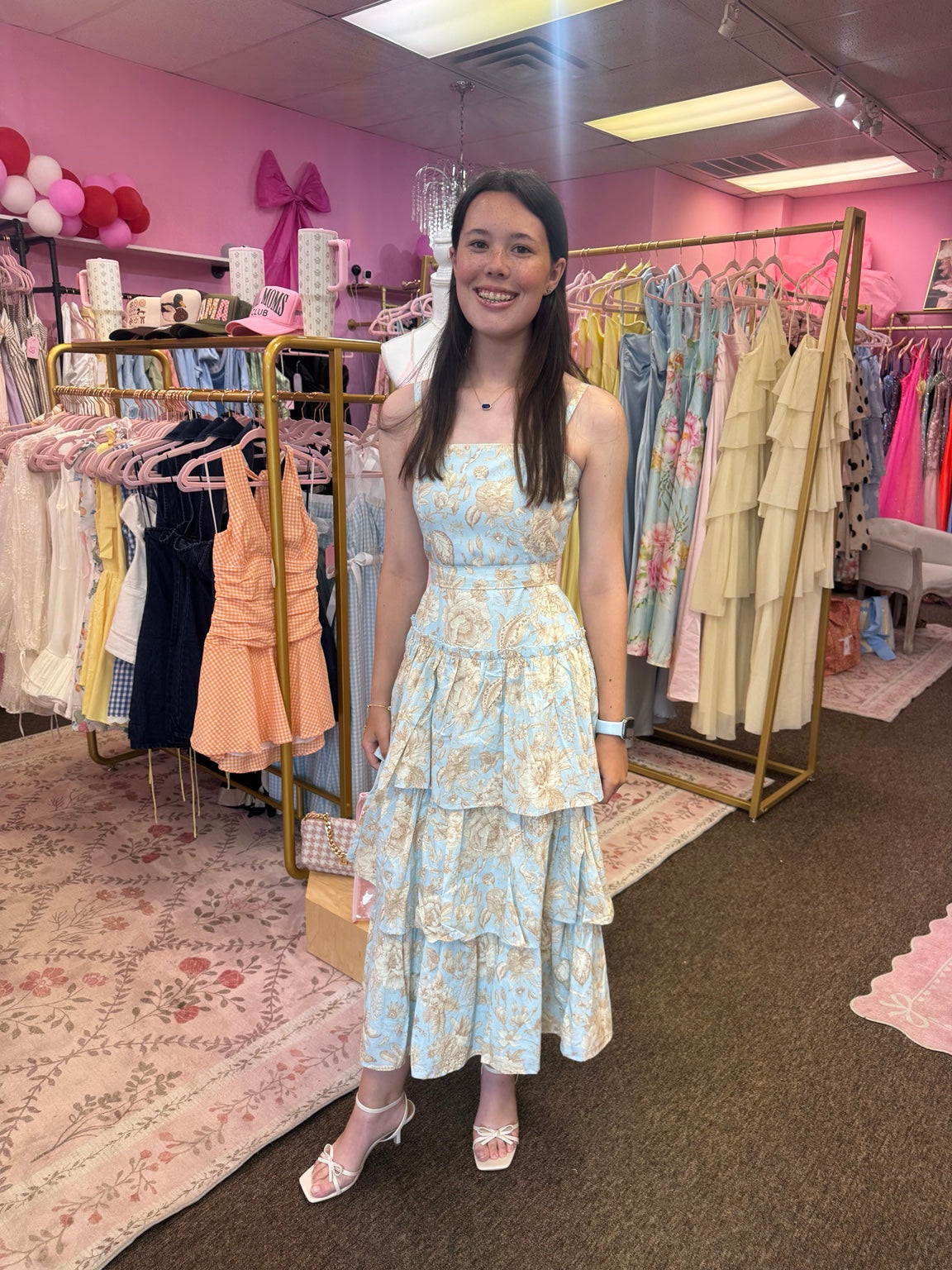 TCEC Blue & Cream Floral Tiered Midi Dress