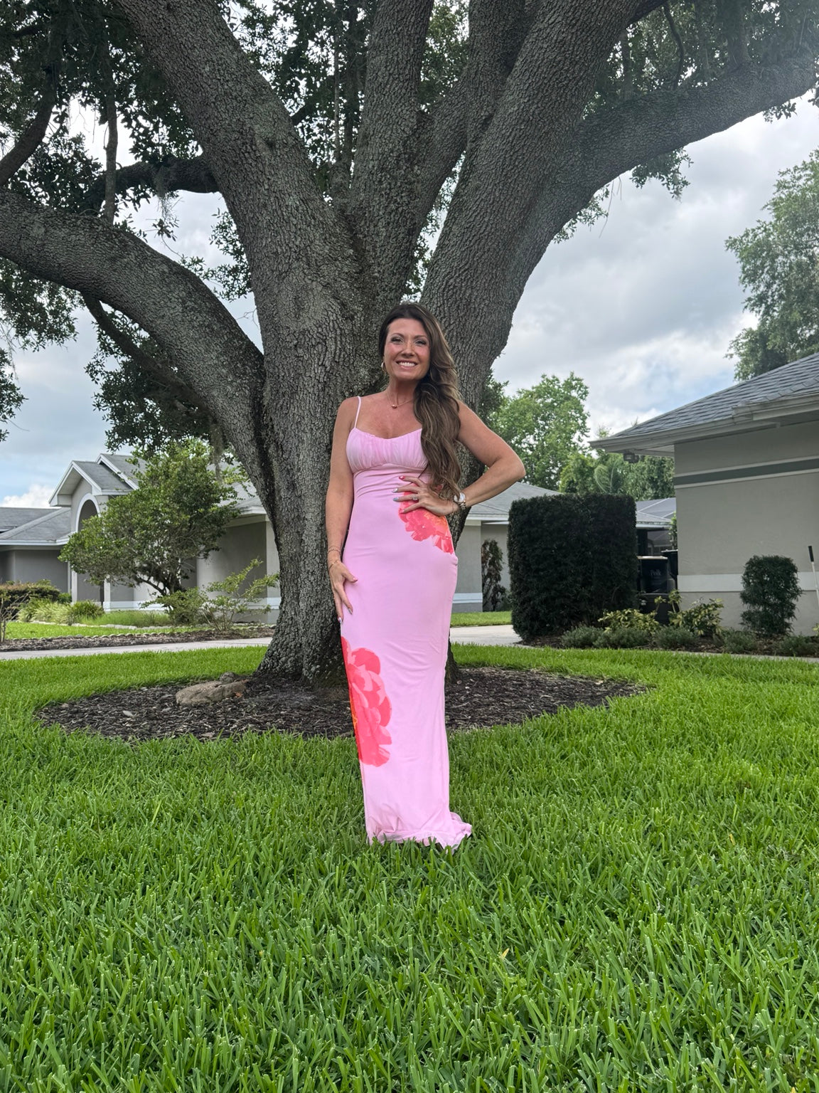 Vintage Shop Pink Floral Fitted Maxi Dress