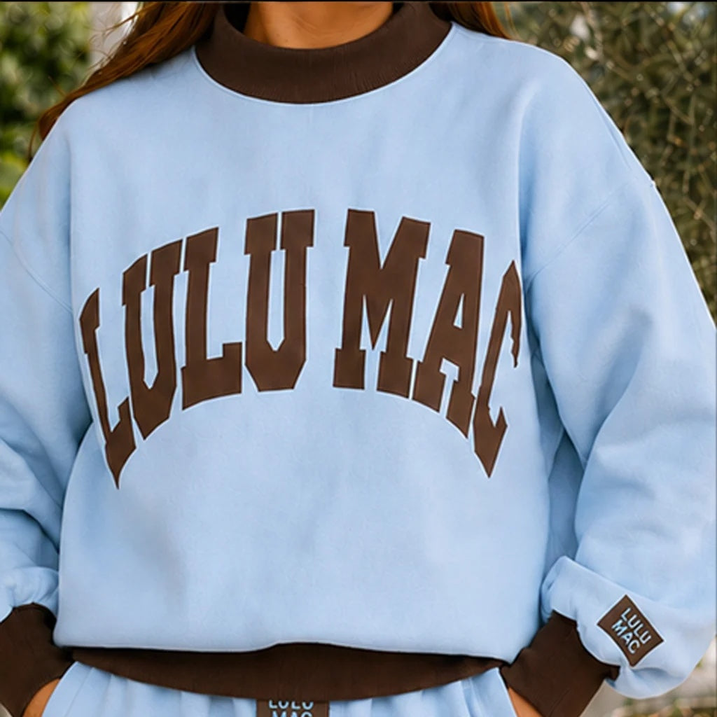 Light Blue & Brown Puff Mock Neck Sweatshirt
