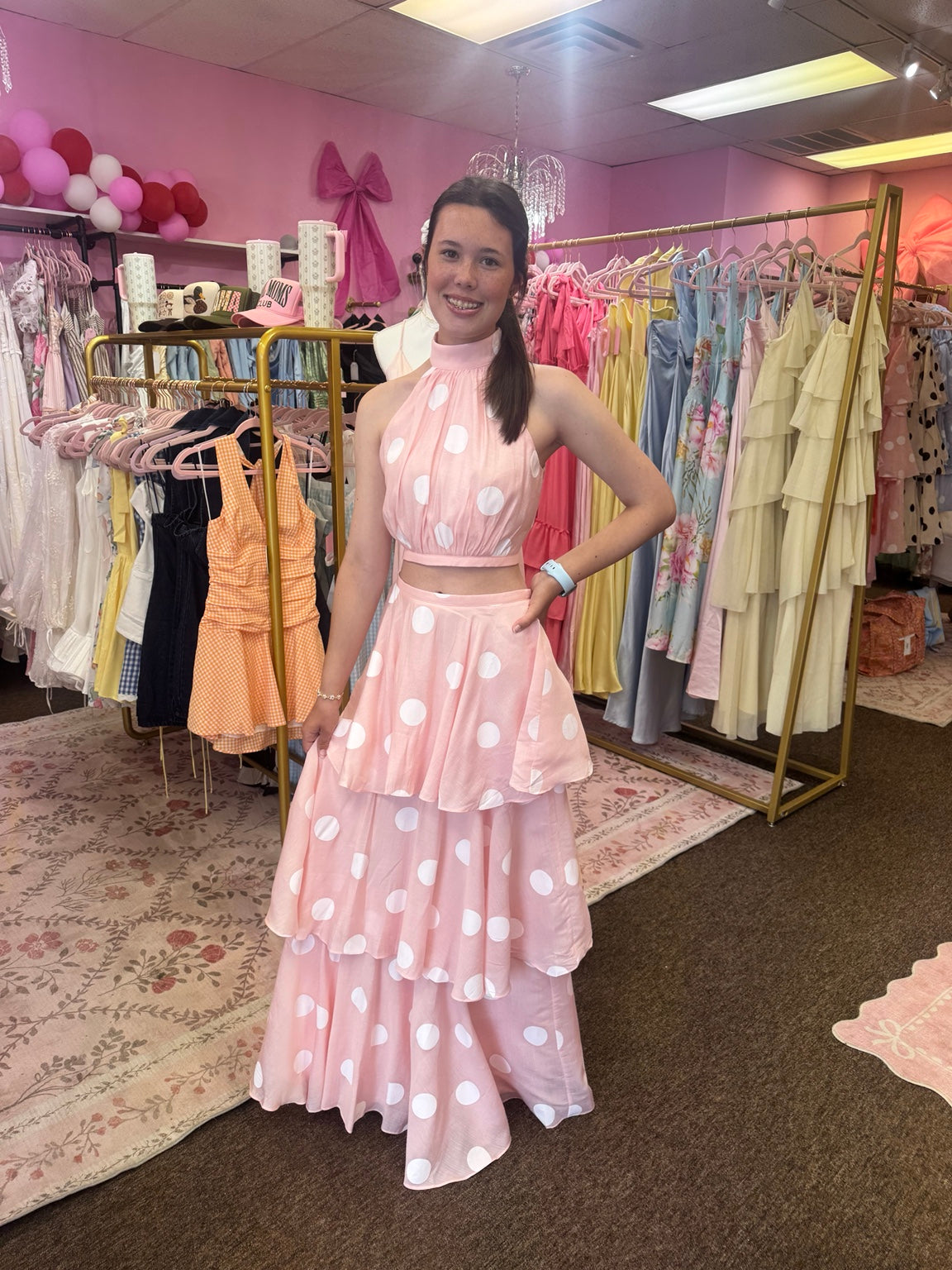 LENA Pink & White Polka Dot Two-Piece Maxi Set