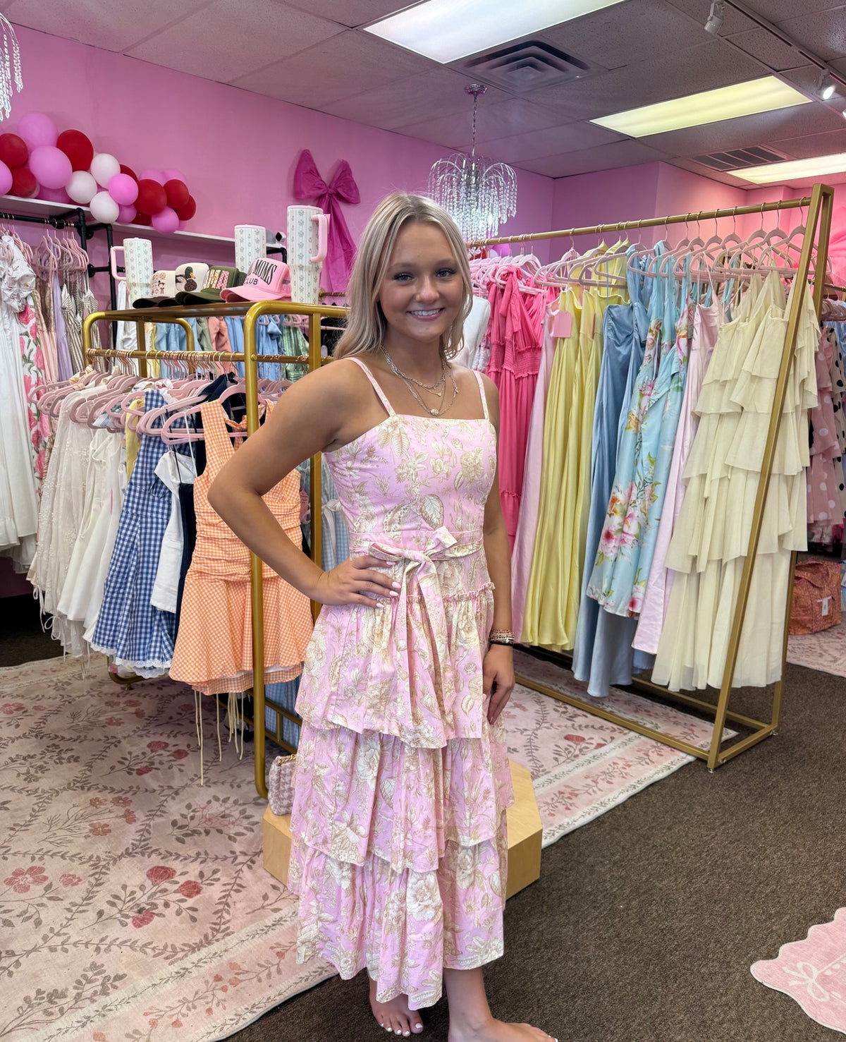TCEC Pink & Cream Floral Tiered Midi Dress